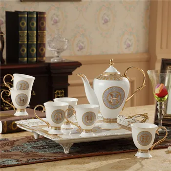 

Ceramic Coffee Mugs & Pot Set Breakfast Milk Coffee Cups With Tray Gold Handle Drinkware Eco-Friendly 8 Pieces Set Wedding Gift