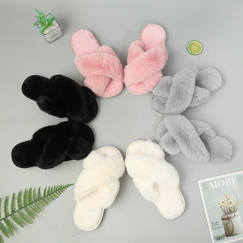 2021 New Winter Faux Fur Indoor Slippers Rabbit Plush Cross-strap Cotton Sandalias Women Flats Sandales Female Shose