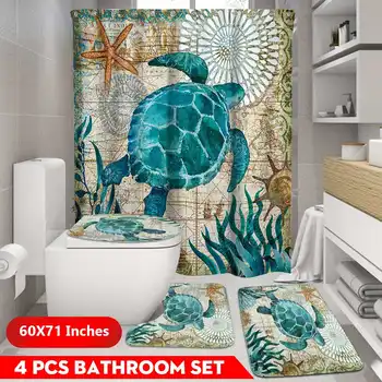 

Sea Turtles 4 In 1 Waterproof Fabric Bathroom 3D Shower Curtain Set with Non Slip Toilet Cover Rugs Mat Home Decoration