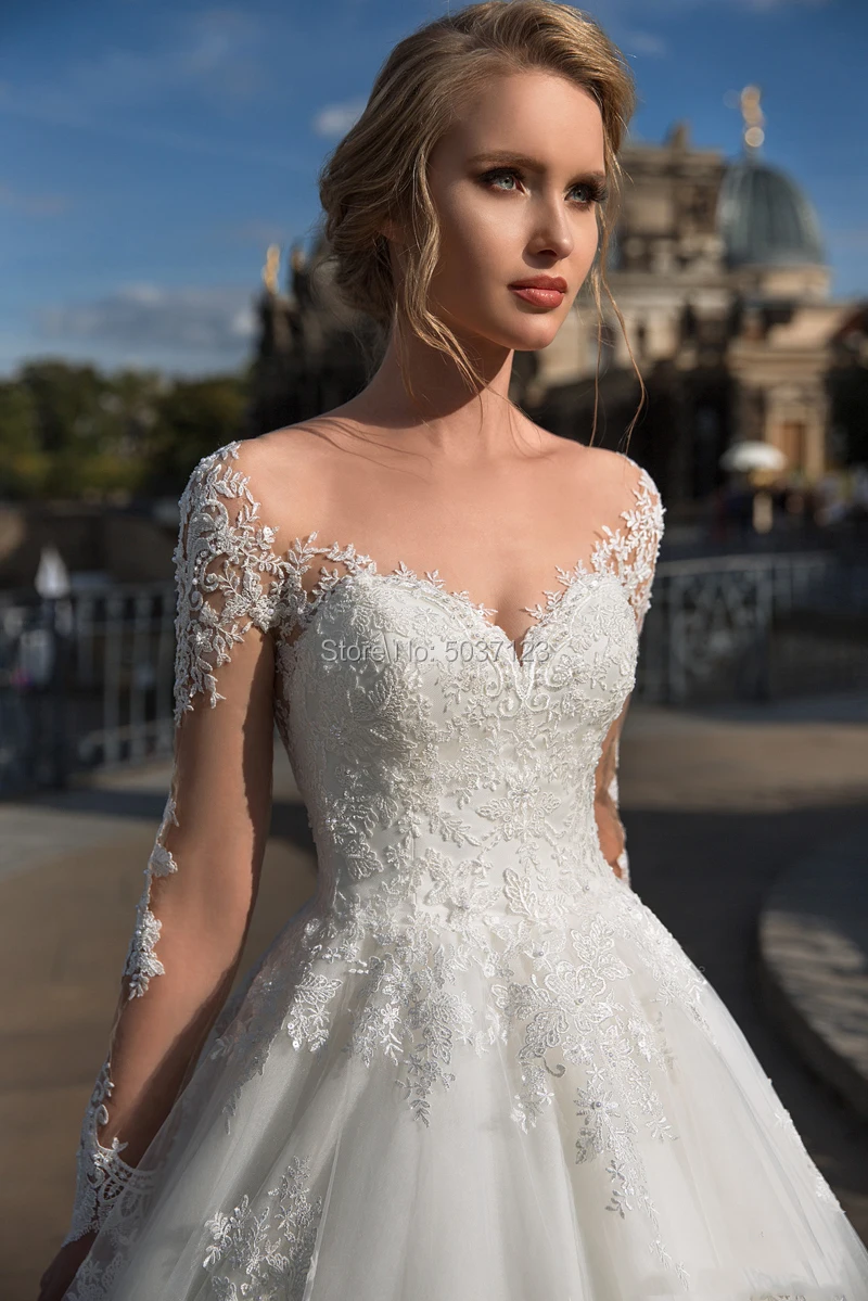 Vestido De Noiva Свадебные и Бальные платья с кружевными аппликациями и сердцеобразным вырезом с длинными рукавами, пуговицами Иллюзия с длинным шлейфом; Robe De Mariage