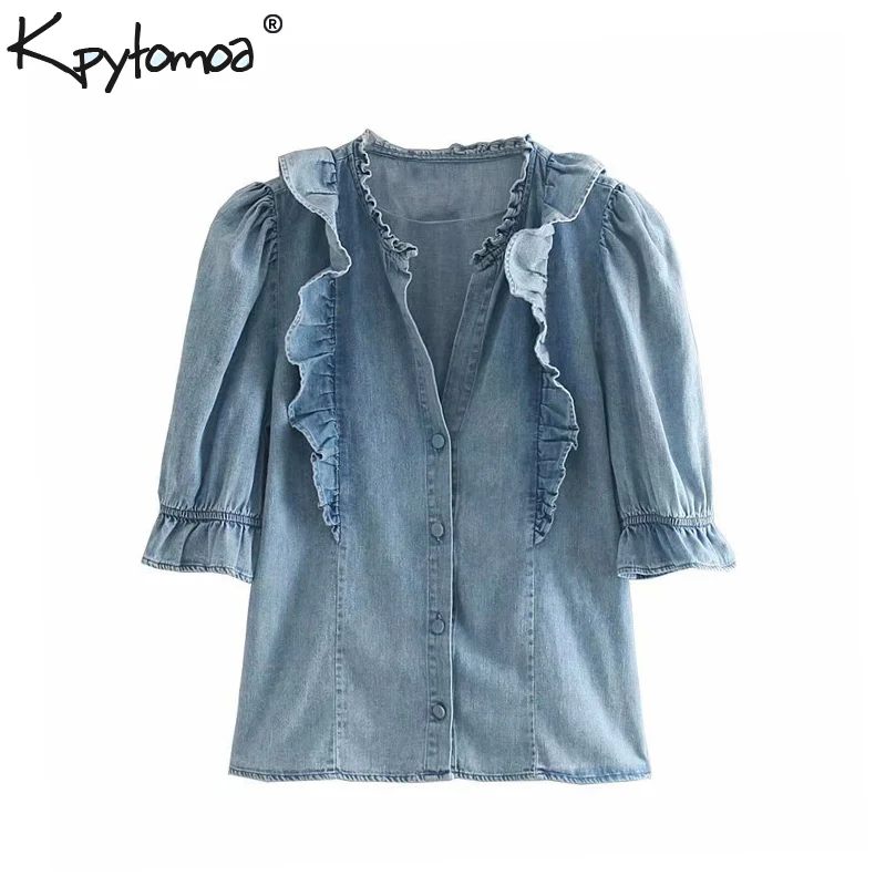 

Vintage Stylish Ruffled Denim Blouses Women 2019 Fashion V Neck Short Sleeve Elastic Cuffs Ladies Shirts Blusas Mujer Chic Tops