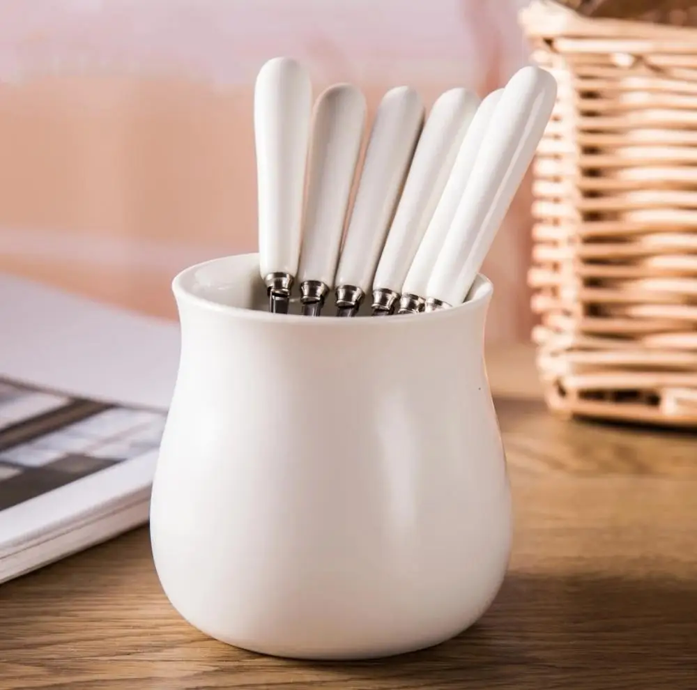 6 forks and pot Набор милых вилок из нержавеющей стали, выбор фруктов, десерт, кофе, керамические ручки, вечерние принадлежности для детей - Цвет: 6 forks and pot