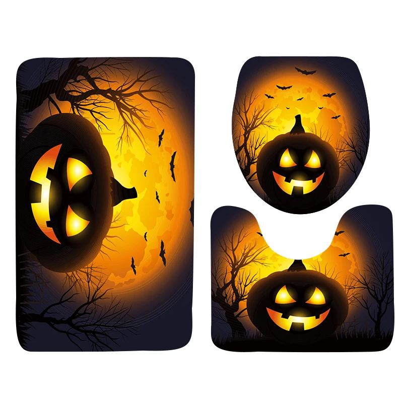 

3pcs Halloween Bathroom Mat Set Cat Pumpkin Printed Anti Slip Shower Bath Mat Carpet Home Decor Toilet Lid Cover Rug Floor Mats