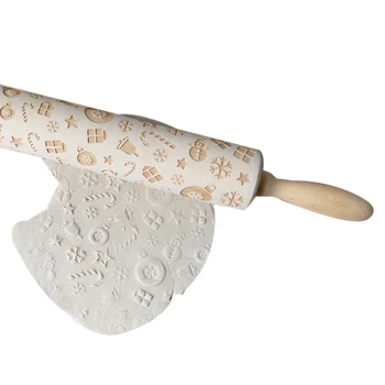 

Christmas Elk Patterned Wooden Rolling Pin Carved Wood Embossing Biscuits Kitchen Tool