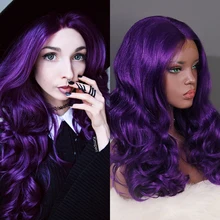 Ohmida термостойкие средняя часть Косплэй фиолетовый парик длинные волнистые синтетические волосы 13X4 кружева передние парики дешевые парики для чернокожих Для женщин