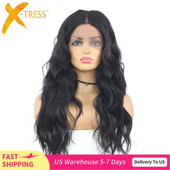

X-TRESS Black Color Synthetic Lace Front Wig Natural Wave Ombre Pink Grey Colored Cosplay Heat Resistant Lace Wig 18" For Women