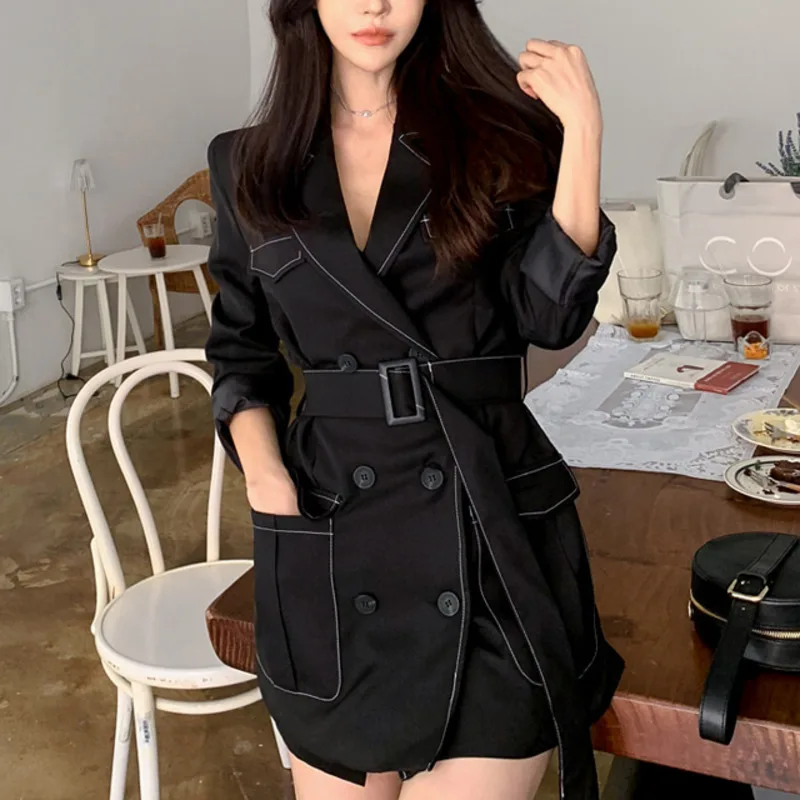 Autumn Korean Chic Black OL Women Blazer Autumn Double-breasted Sashes Belt Suit Outerwear Casual Work Female Blazer Long Coat