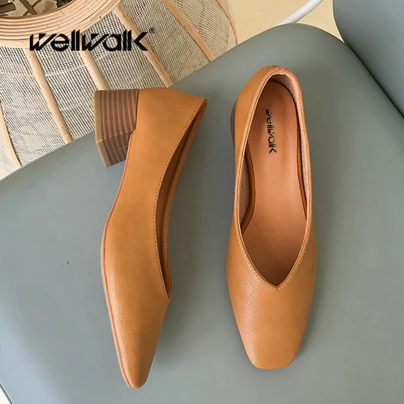 Tacones de mujer de cuero genuino, zapatos de tacón de bloque mocasín de otoño con punta cuadrada, mocasines de oficina clásicos, gran oferta