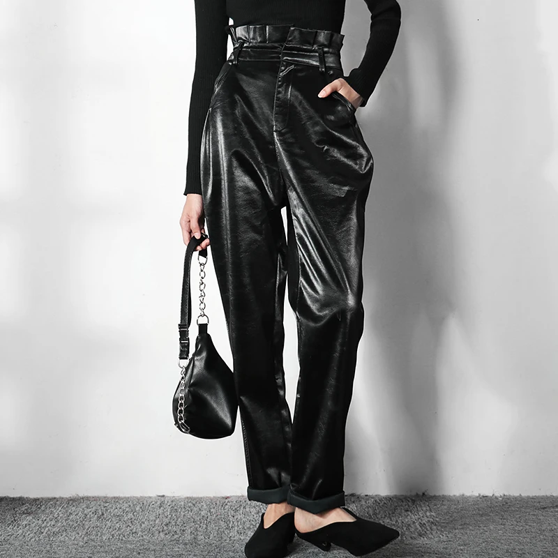 LANMREM 2020 прямые кожаные женские брюки с высокой талией плиссированные штаны из