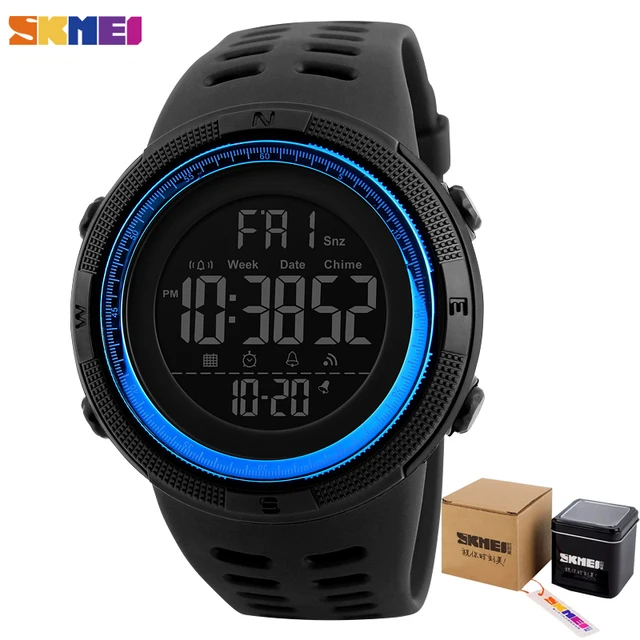 SKMEI Fashion Outdoor Sport Watch Men Multifunction Watches Alarm Clock Chrono 5Bar Waterproof Digital Watch reloj hombre 1251 BlackBlue With Box