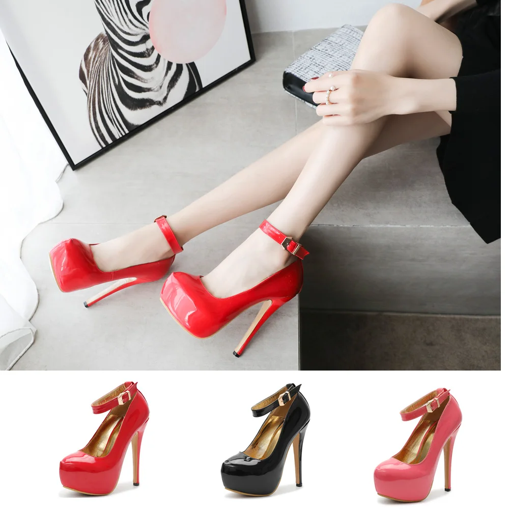 5,5 Sexy correa de tobillo plataforma tacones altos charol rojo bombas de cuero de gran tamaño 38-45 Drag Queen Trans Queer travestido zapatos de mujer Zapatos