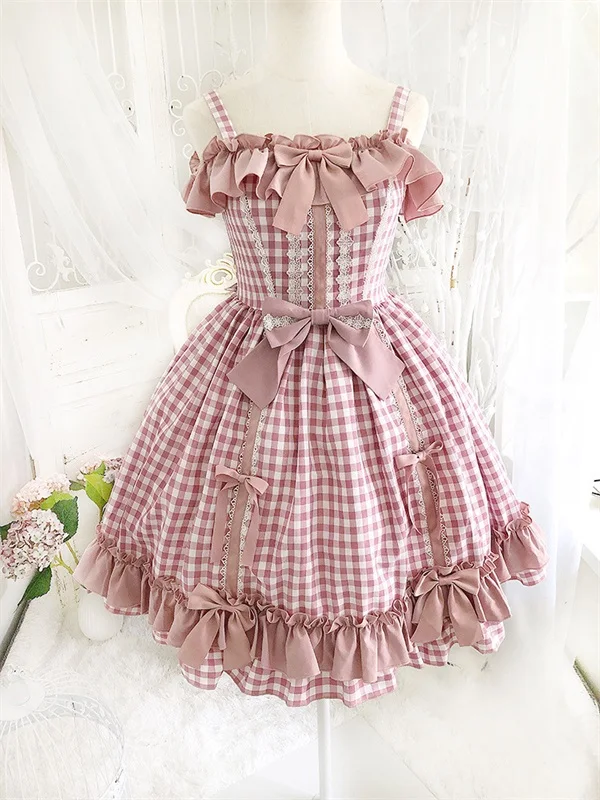 Only Pink Dress Клубничный мусс тема Kawaii Лолита Сексуальная с открытыми плечами розовый плед Холтер платье женская элегантная принцесса оборками платье Лето - Цвет: Only Pink Dress