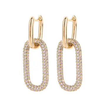 

14K Real Gold Plated chain earrings for women Stud Earring square Shiny Full Zircon Diamond Hoop Earrings