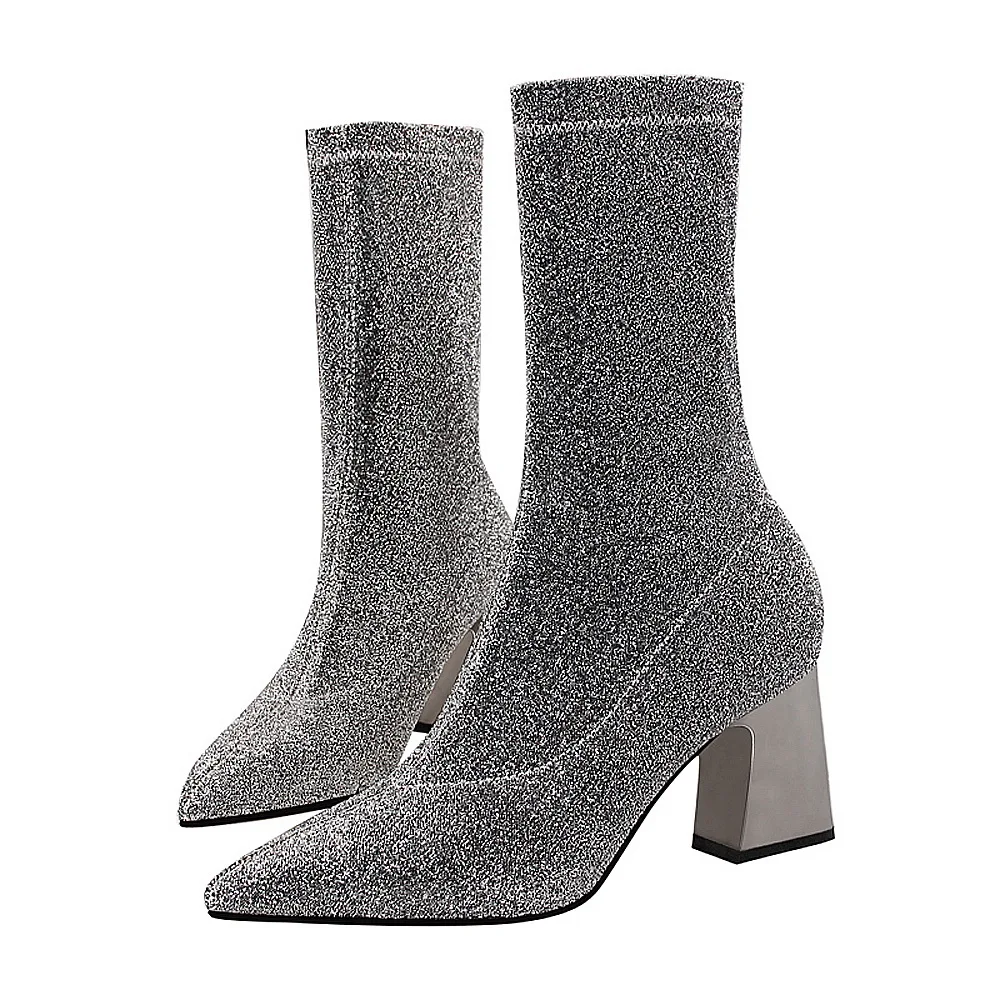 

Sequin Boots Women Elasticity Ankle Booties Pointed Toe Fashion Shoes Female Square High Heels Party Shoes Ladies Winter K0149