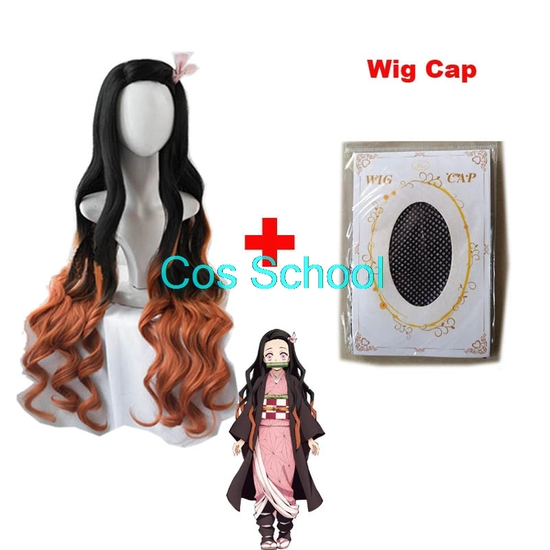 Nezuko Cos School Demon Slayer Kimetsu no Yaiba Nezuko Tanjirou Kamado, парики Zenitsu Agatsuma для косплея, аниме, парик+ шапки - Цвет: Nezuko