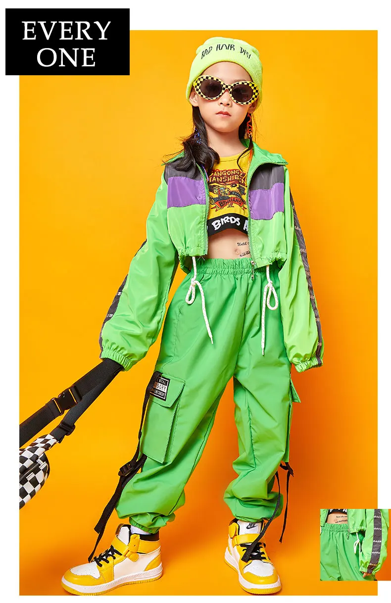 Детская одежда в стиле хип-хоп; костюмы для бальных танцев для девочек; Детские флуоресцентные зеленые комплекты; Одежда для танцев в стиле