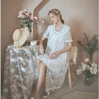 

Summer Autumn New Princess Style Home Service Soft Lace Sweet Round Neck Short Sleeve Solid Color Printing Casual Nightdress