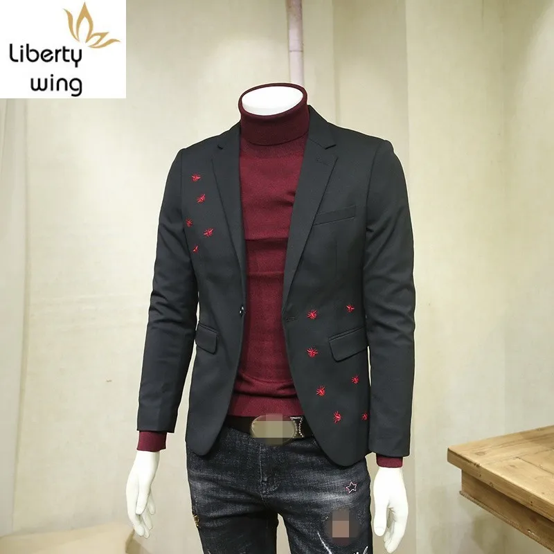 

Fashion Men Embroidered Blazer Casual Slim Fit Party Suit Jacket Brand Black Single Button Male Formal Short Coat Outerwear