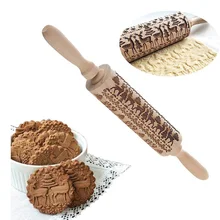 Christmas Wooden Rolling Pins Reindeer Engraved Embossing Decorative Rolling Pin For DIY Cookies Cake Fondant