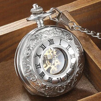 

GORBEN Fashion Silver Mechanical Steampunk Roman Numbers Dial Pocket Watches Hand-winding Necklace Fob Chain Unisex Gift