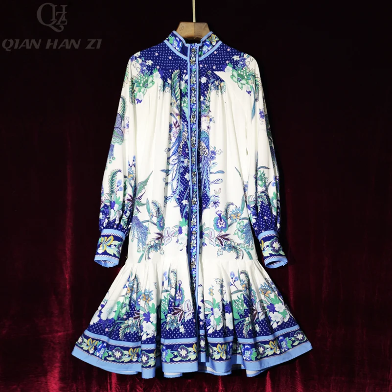 

Qian Han Zi 2020 Spring Fashion Designer Dress Women's Lantern Sleeve Amazing blue Flower Print Ruffled Loose Casual Dress