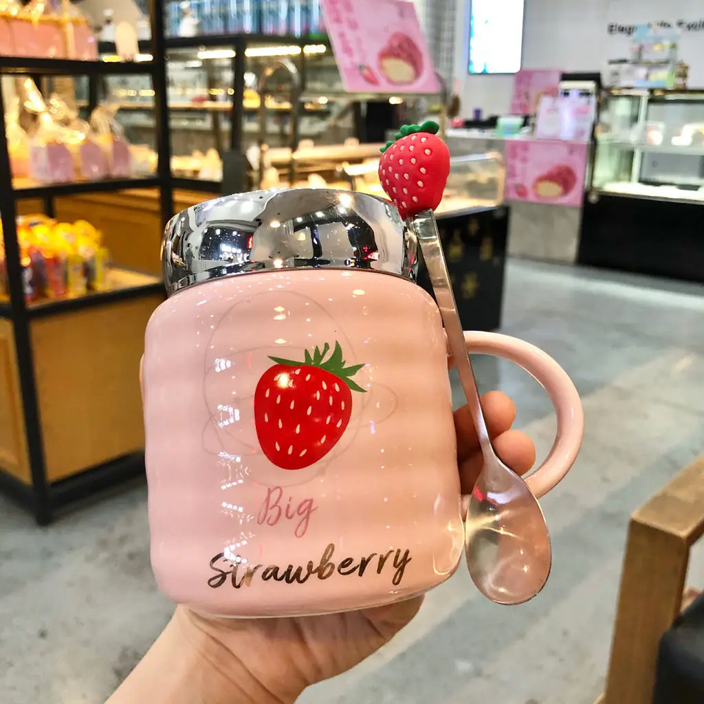 

Strawberry Cup Cute Ceramic Coffee Mug with Leakproof Lid Spoon Coffee Cup Homekawaii Mug Water Cup Christmas Gift