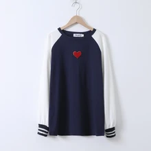 Женская Лоскутная футболка контрастного цвета с сердечком размера плюс 3XL, свободная повседневная футболка с длинным рукавом в синюю, черную, белую полоску, длинная футболка, топы