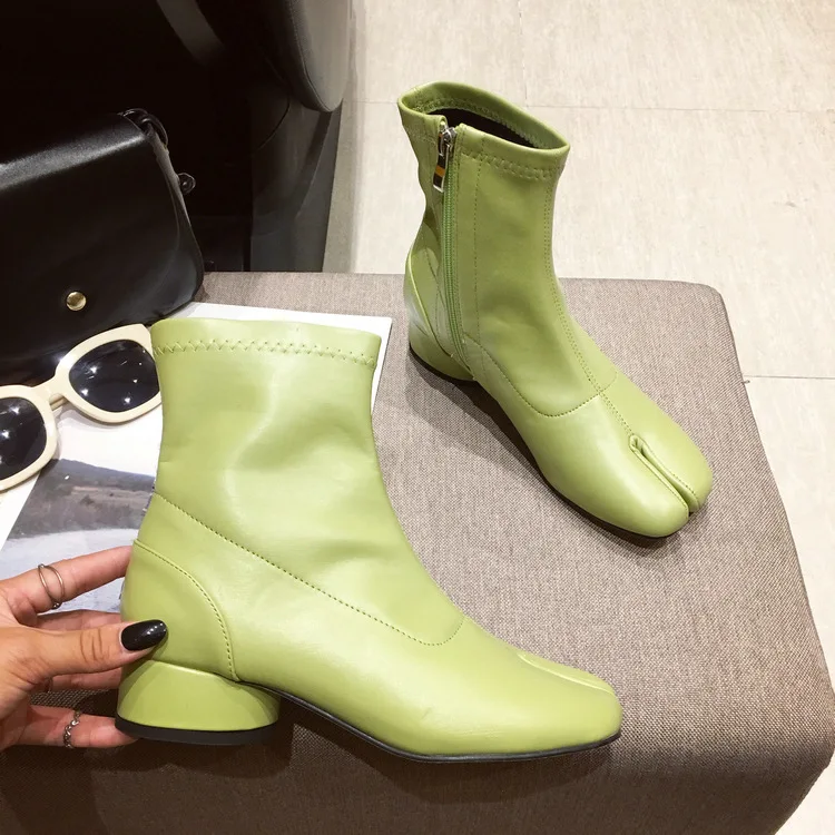 Женские ботинки в стиле ниндзя на низком каблуке с круглым носком; короткие ботильоны на молнии; Кожаные Ботинки martin; брендовые ботинки «Челси» - Цвет: Зеленый