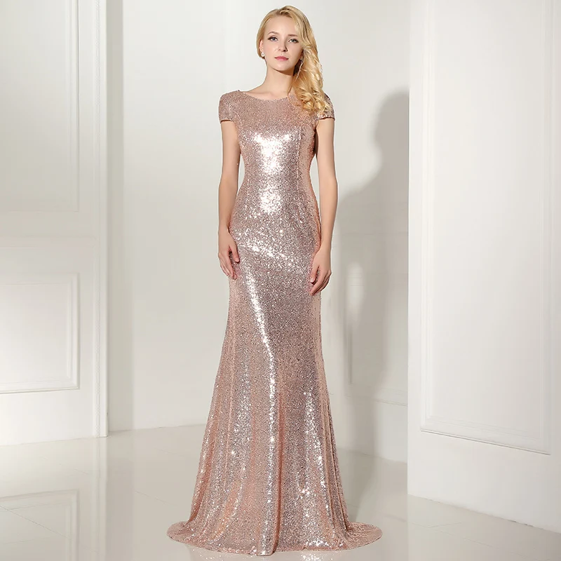 Длинное блестящее розовое золото платье подружки невесты в стиле русалки плюс размер расшитое блестками свадебное платье с коротким рукавом Деловая одежда OS347