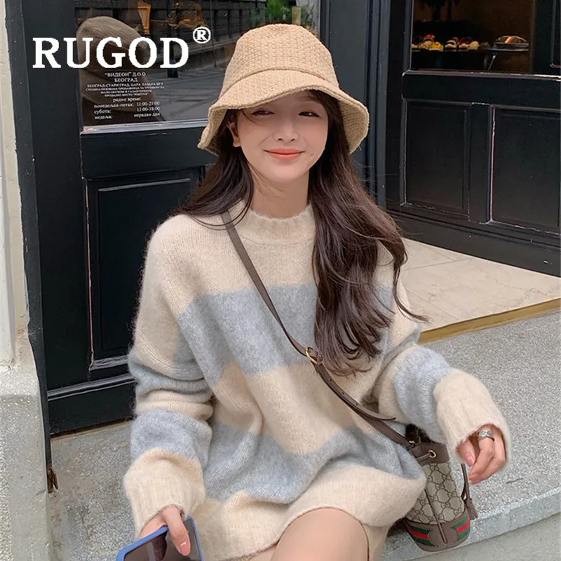 RUGOD, корейский милый женский свитер с круглым вырезом, в полоску, свободные, мягкие, мохер, вязанные пуловеры, модные, женские, теплые, повседневные топы