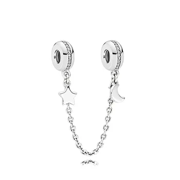 

Real 925 Sterling Silver Beads Charm Half Moon & Star Safety Chain Fit Original Pan Bracelets Bangle For Women DIY Jewelry