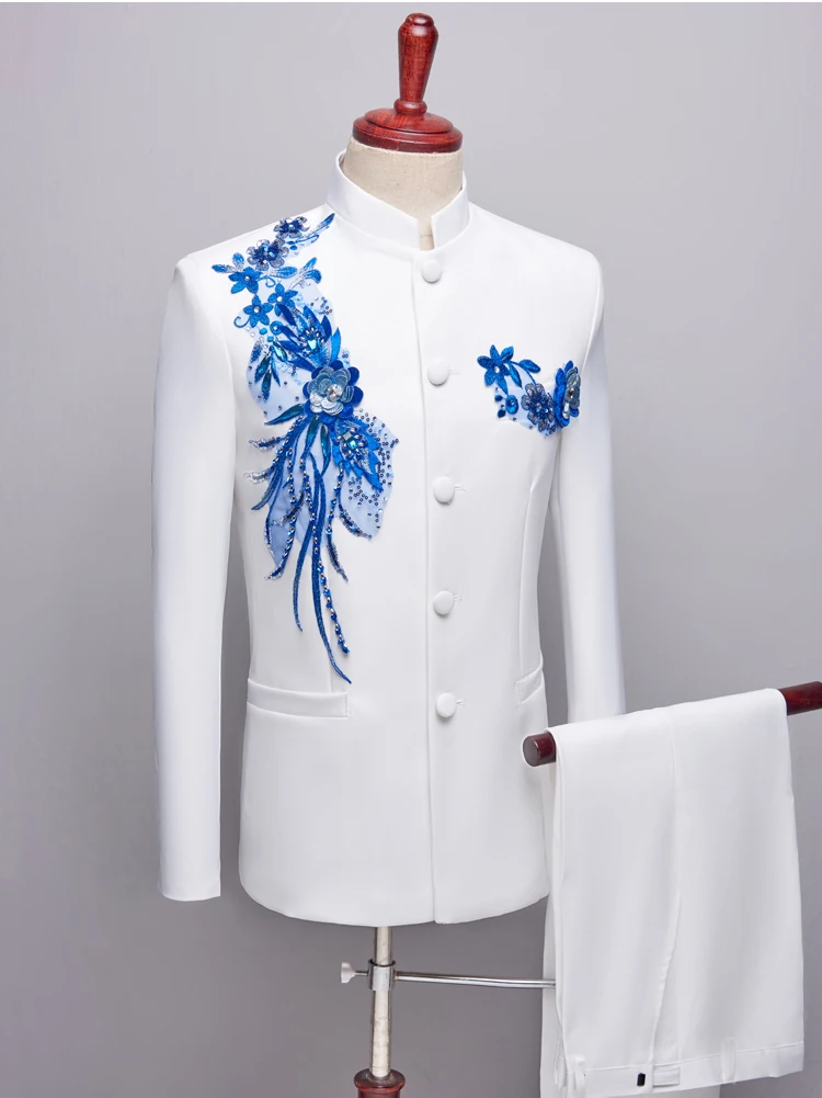 Applique Embroidered Blazers Stand Collar Men's Suit Chinese Tunic Suit Male Singer Performance Stage Wear(Jacket+Pants) S-3XL