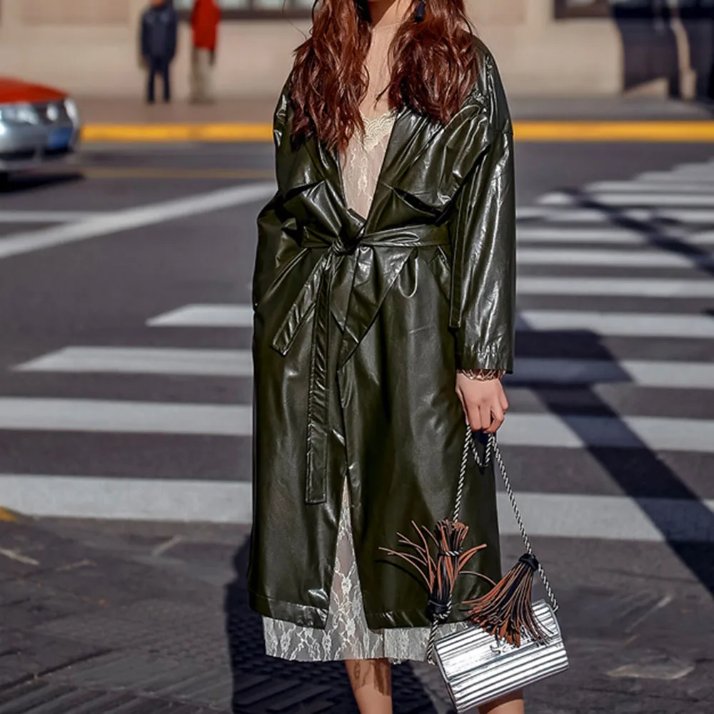 Winter New Oversize PU Faux Leather Jacket Women Trench Coat Streetwear Long Coats Red Fashion Female Motor Windbreaker Overcoat