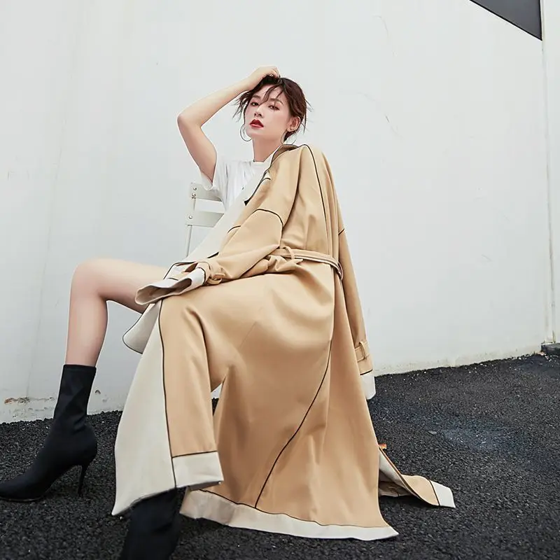 [LANMREM] Autumn And Winter New Products Fashion Retro Lapel Waist Temperament Casual Long Coat Female PA728 - Цвет: khaki