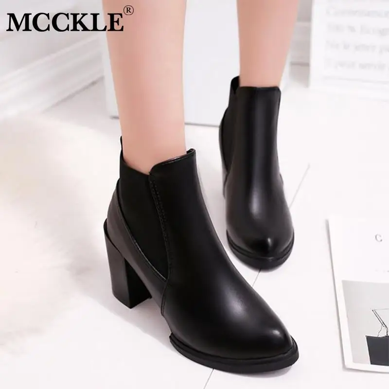 

MCKKLE Women Elastic Band Ankle Boots Slip On High Heel Casual Female Pointed Toe Shoes Boot Ladies Autumn Fashion Footwear New