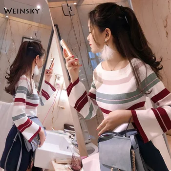 

Women Striped Knitted Sweater And Pullovers Korean Fashion Style Flare Sleeve Jumper Sweaters 2019 Autumn And Winter New Tops