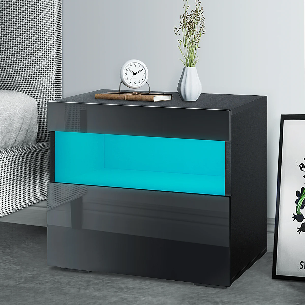 Huis Modern LED Bedside Table Nightstand w/2 Drawer High Gloss