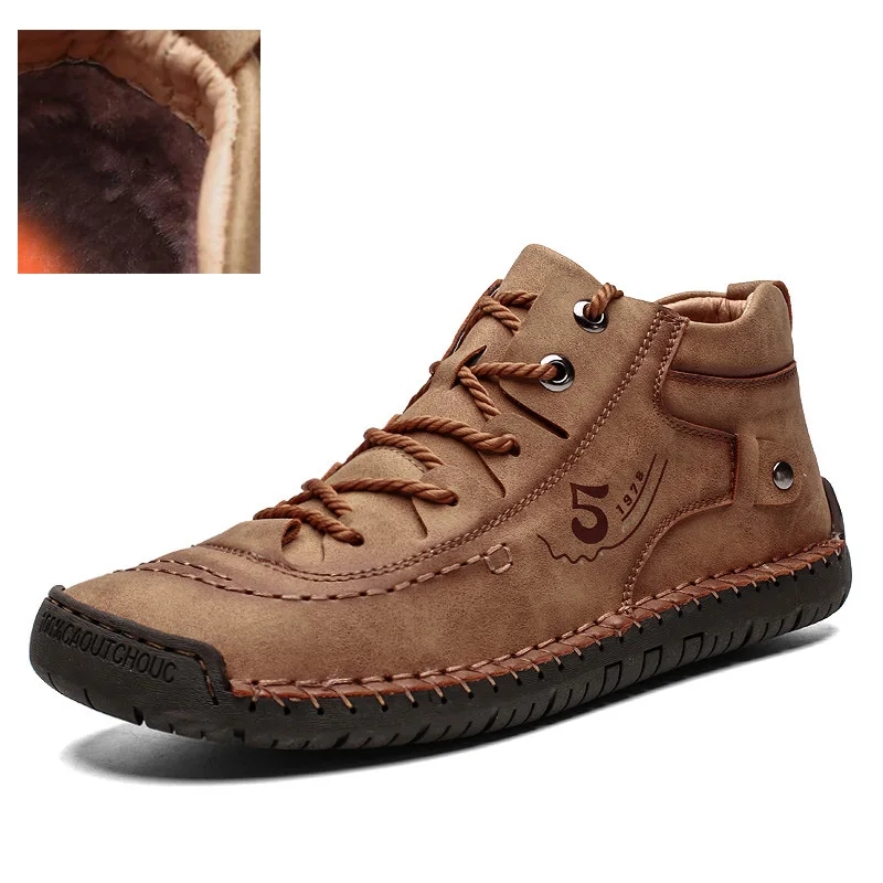 BROWN WITH FUR Зимние ботинки мужские водонепроницаемые зимние ботинки на меху, Нескользящие мужские ботинки Теплая мужская обувь на платформе с толстым плюшем, большие размеры 38-46 - Цвет: BROWN WITH FUR