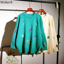 Woherb, Kawaii, милый свитер, Осень-зима, свободные вязаные свитера, Мультяшные животные, вышивка, пуловер, женский джемпер, женские топы