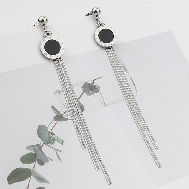 jewelry steel ball earrings hanging black Roman numeral round cake snake bone chain tassel rose gold women earrings gift