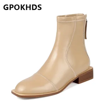 

GPOKHDS 2021 women Ankle boots Cow leather Winter short plush Round Toe Zipper Med heels female boots size 40