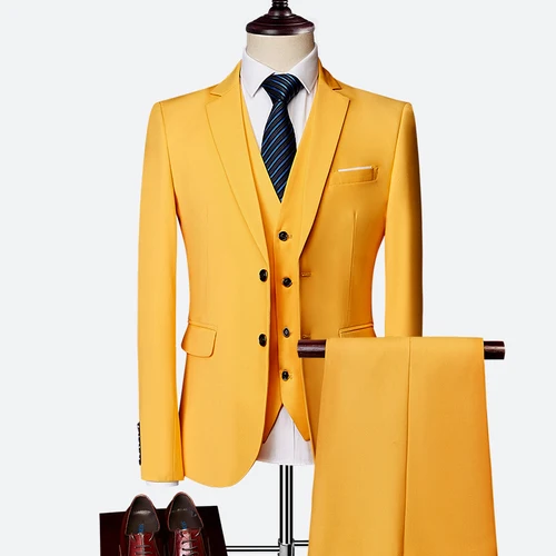 Wonderful Groom Male Wedding Prom Suit Green Slim Fit Tuxedo Men Formal Business Work Wear Suits 3Pcs Set(Jacket+Pants+Vest - Цвет: yellow