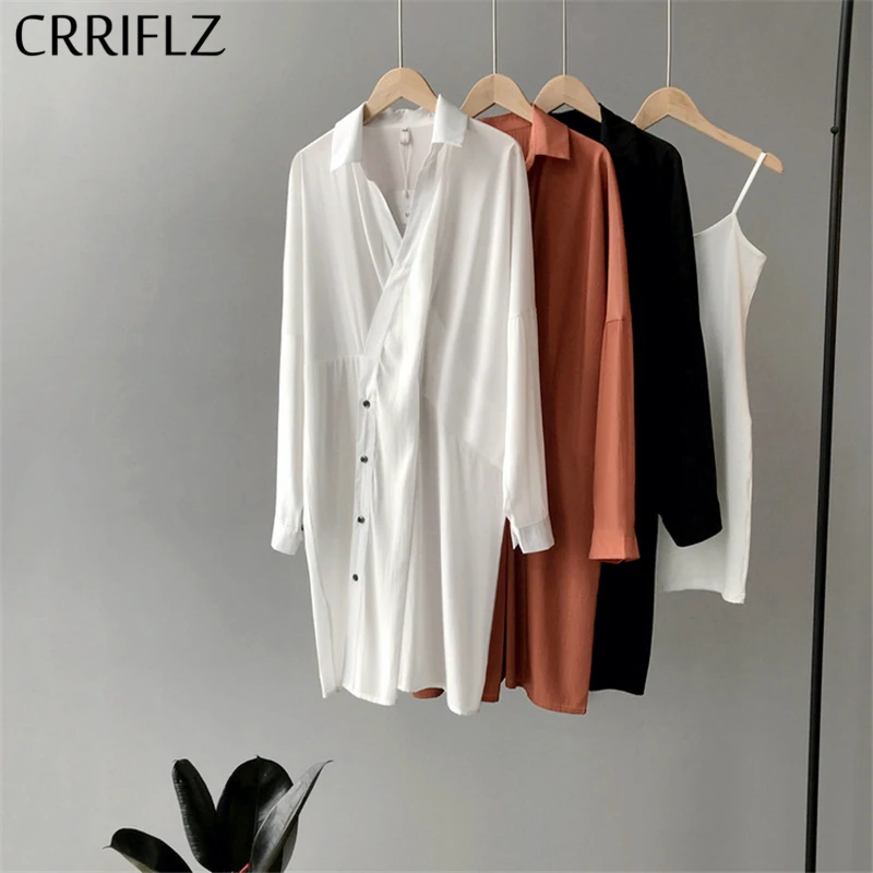 

Spring Autumn Casual Shirt Dress Women Oblique Buckle Loose Solid Dress Inside Strap 2 Piece Set 2020 New CRRIFLZ