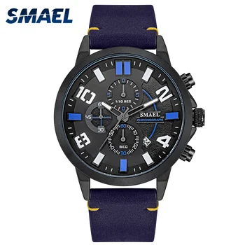 

New Watch Quartz Wristwatches SMAEL Leather Band Clock Luminous Chronograph 9095 Waterproof Fashion Clocks Men reloj hombre lujo
