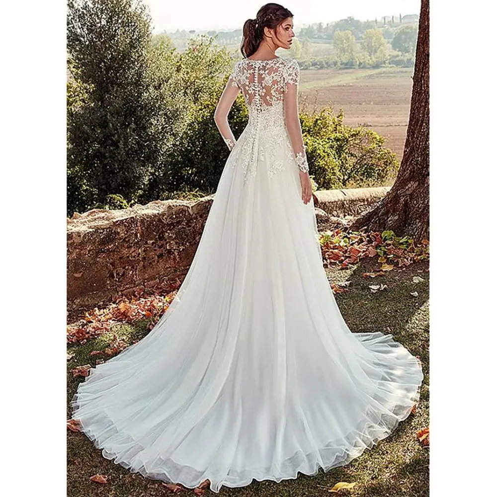 Длинные рукава Свадебные платья Кружева Аппликации Воротник Sheer Jewel A-Line Иллюзия Свадебные платья vestido de noche свадебные платья