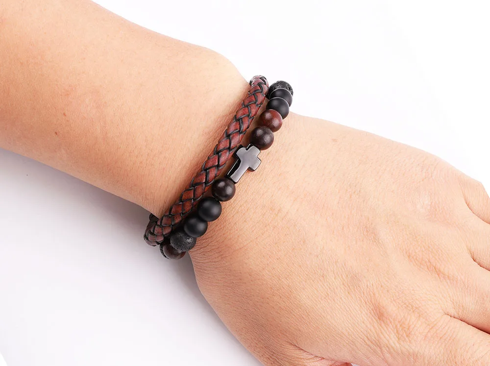 High Quality New Design Stainless Steel Cross Natural Stone Vintage Genuine Leather Bracelet Men