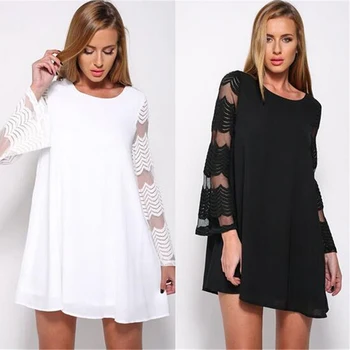 

Mesh Long Sleeve Chiffon Dress Summer Women Dress Casual Loose Dress Elegant White Party Dress Hollow Out Vestidos