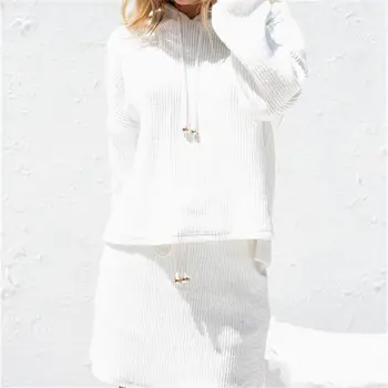 

Female Autumn And Winter Two Piece Suits Women Hoodie Sweater Dress Sets Hooded Casual Simple White Outfits