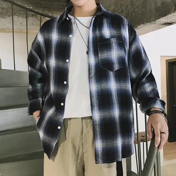 

UYUK2019 Autumn/winter New Style Men's Long-sleeved Shirt Loose Lapel Casual Youth Versatile Trend Lattice Masculina
