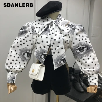 

Big Bow Collar Blouse Women 2020 Winter Fashion Star Eyes Print Lace-up Bow Puff-Sleeve Shirt Women's Loose Blouse Blusas Femme